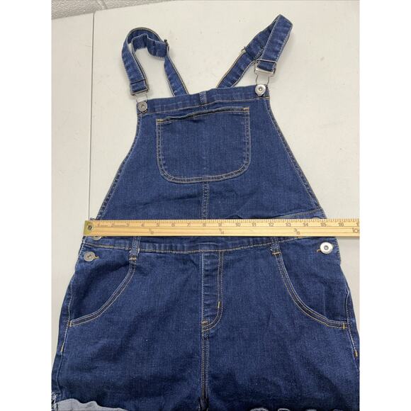 ModCloth Denim Shortall Overall Shorts Womens Medium Blue Stretch Cuffed Bibs E1 - Picture 6 of 13